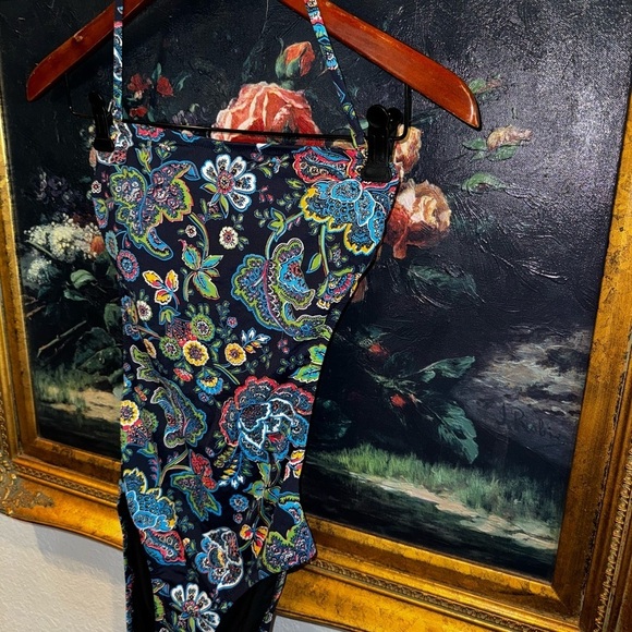 J. Crew Black Multi-Color Floral Print Halter Cut Out Sides and Back One Piece 2 - Picture 2 of 7